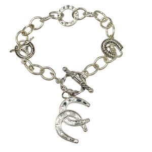 Vintage Silver Horseshoe Bull Charm Bracelet Plated Country Western Cowgirl 8"